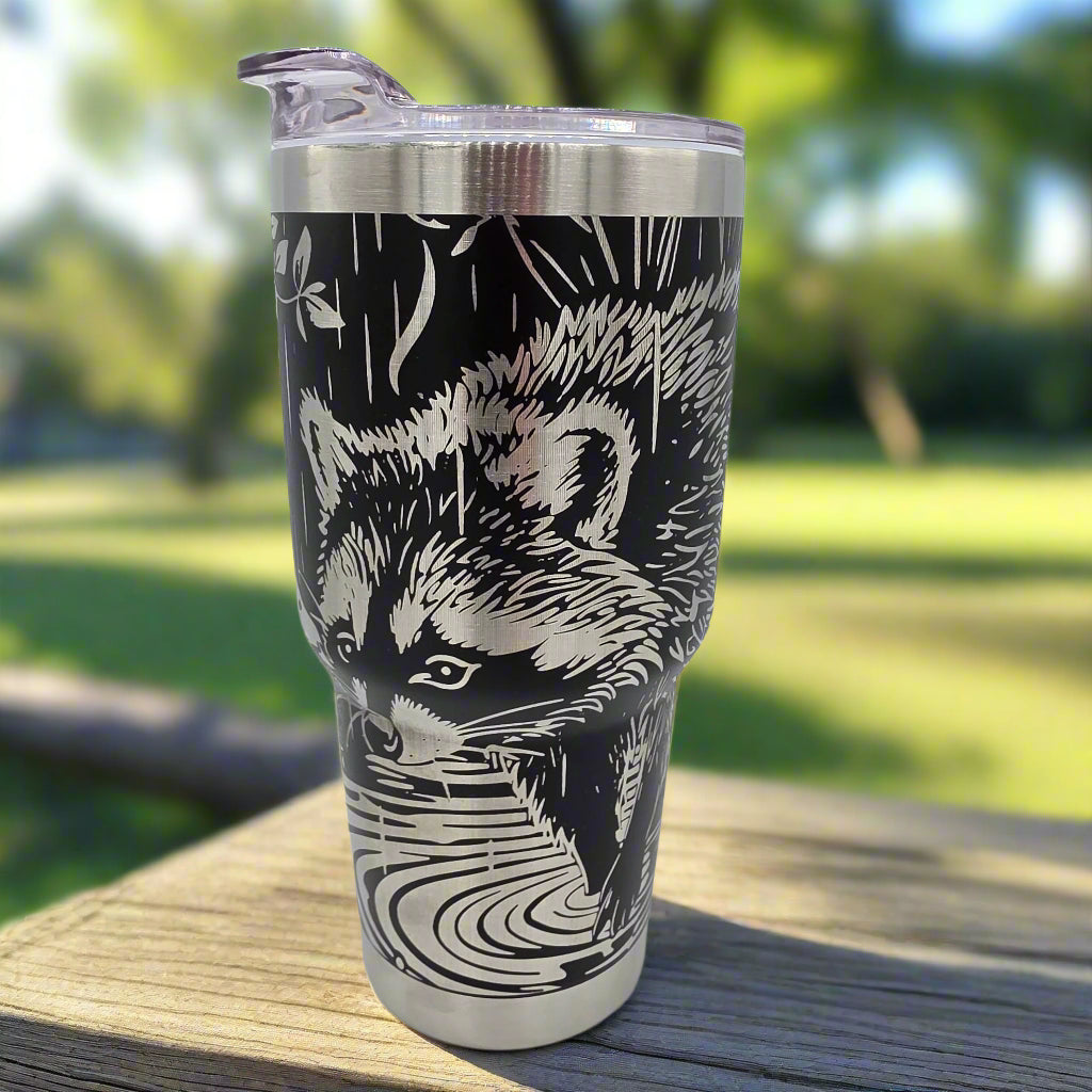 Raccoon Tumbler - 30oz Laser Engraved Stainless Steel Nature Cup with Slide Lid - Wildlife Gift for Animal and Forest Lovers