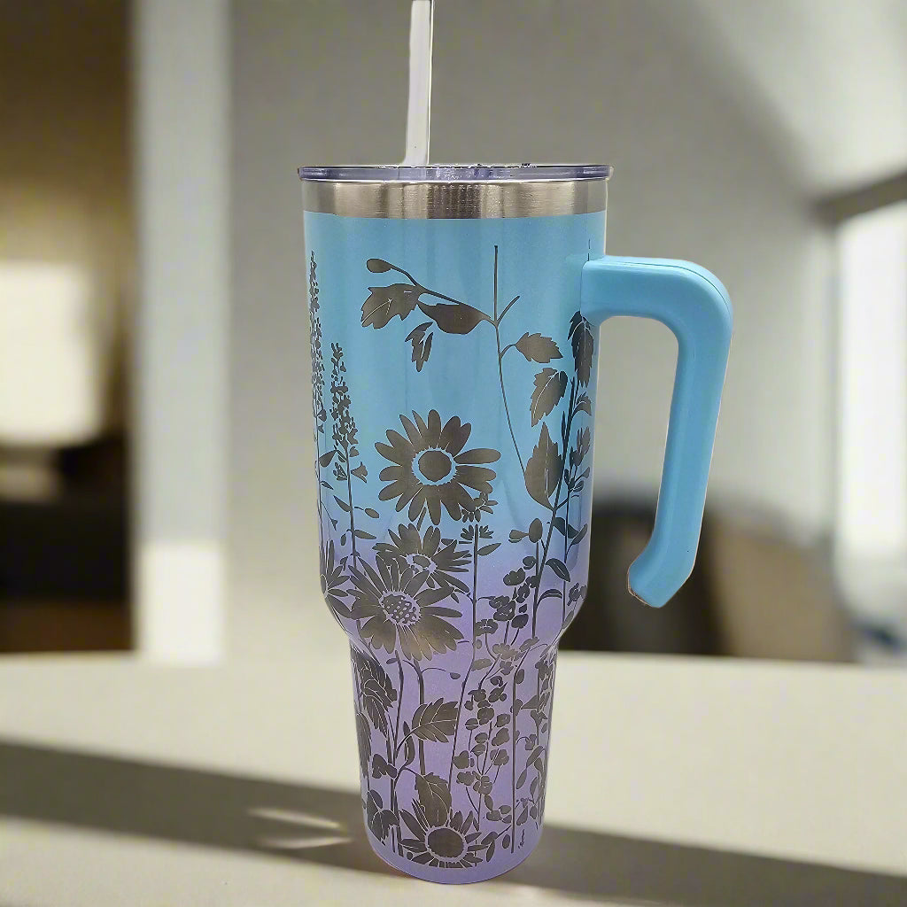 40oz WIldflowers Tumbler - Laser Engraved with straw and closable lid