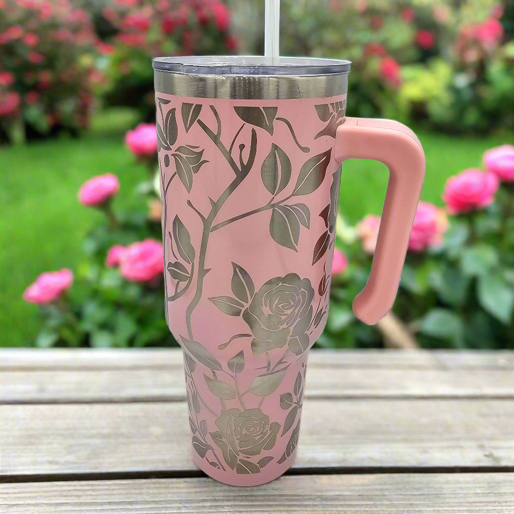 rose laser engraved tumbler with straw and closable lid