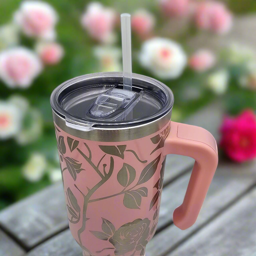 rose tumbler laser engraved with straw and closable lid