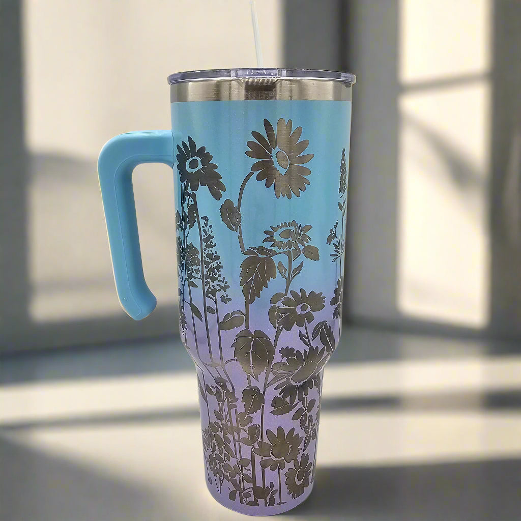 40oz WIldflowers Tumbler - Laser Engraved with straw and closable lid