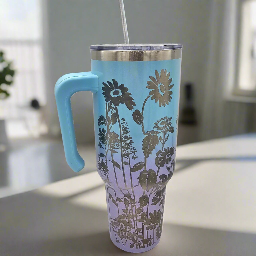 40oz WIldflowers Tumbler - Laser Engraved with straw and closable lid