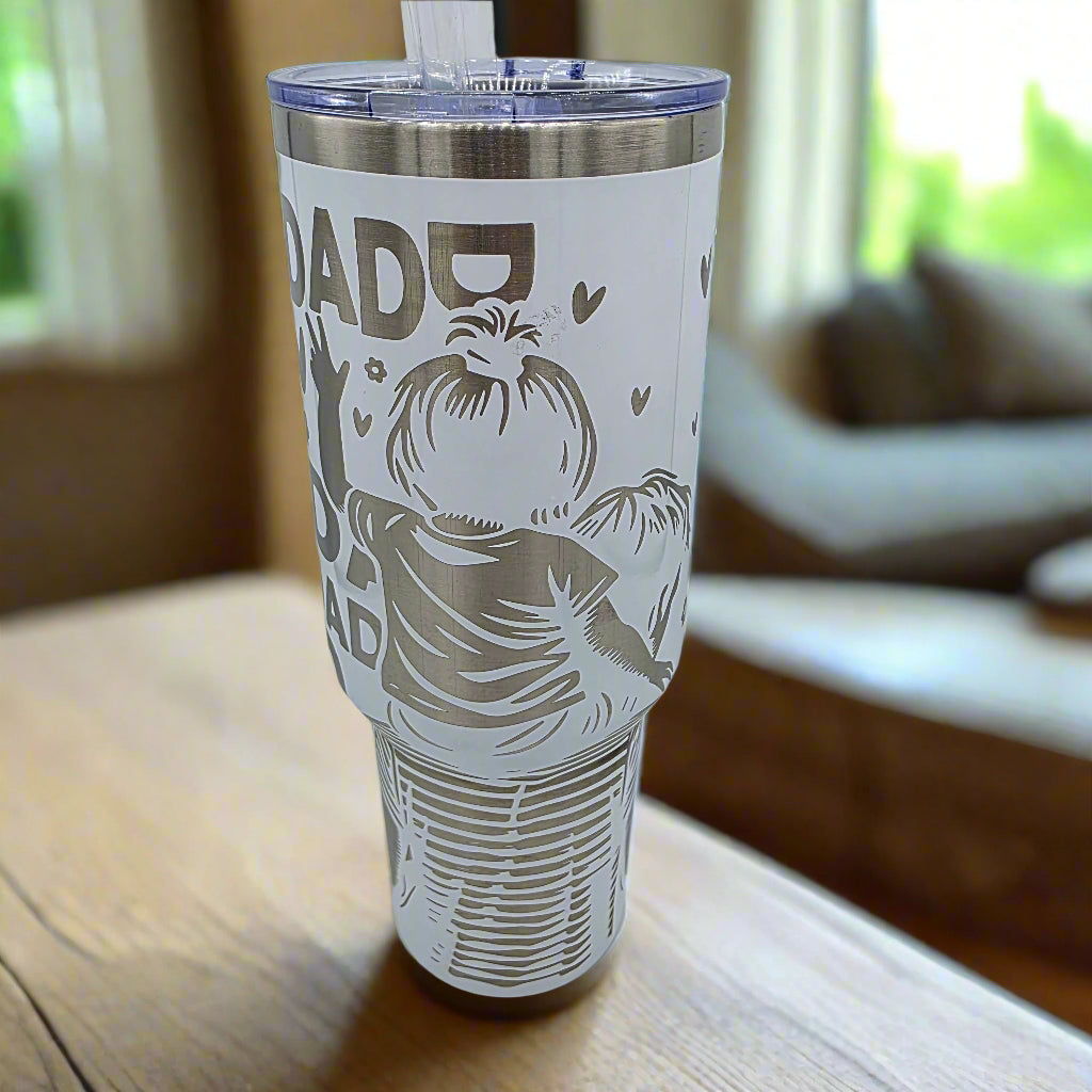 Dad Tumbler - White 40oz Laser Engraved Stainless Steel Cup with Lid and Straw - Girl on Dad’s Shoulders - Father Gift