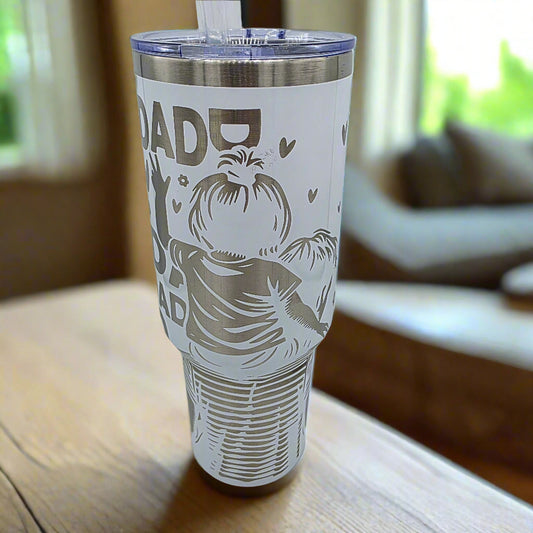 Dad Tumbler - White 40oz Laser Engraved Stainless Steel Cup with Lid and Straw - Girl on Dad’s Shoulders - Father Gift