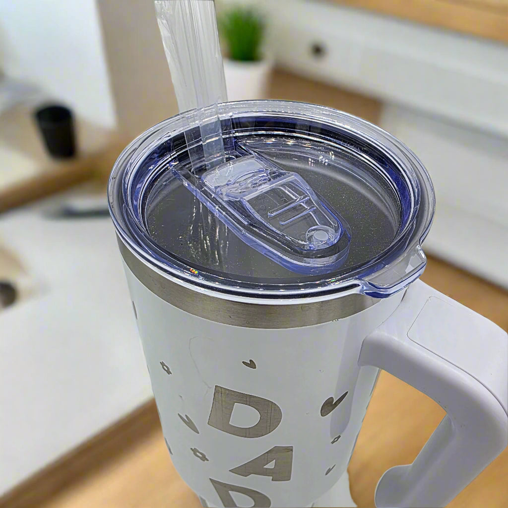 Dad Tumbler - White 40oz Laser Engraved Stainless Steel Cup with Lid and Straw - Girl on Dads Shoulders - Father Gift