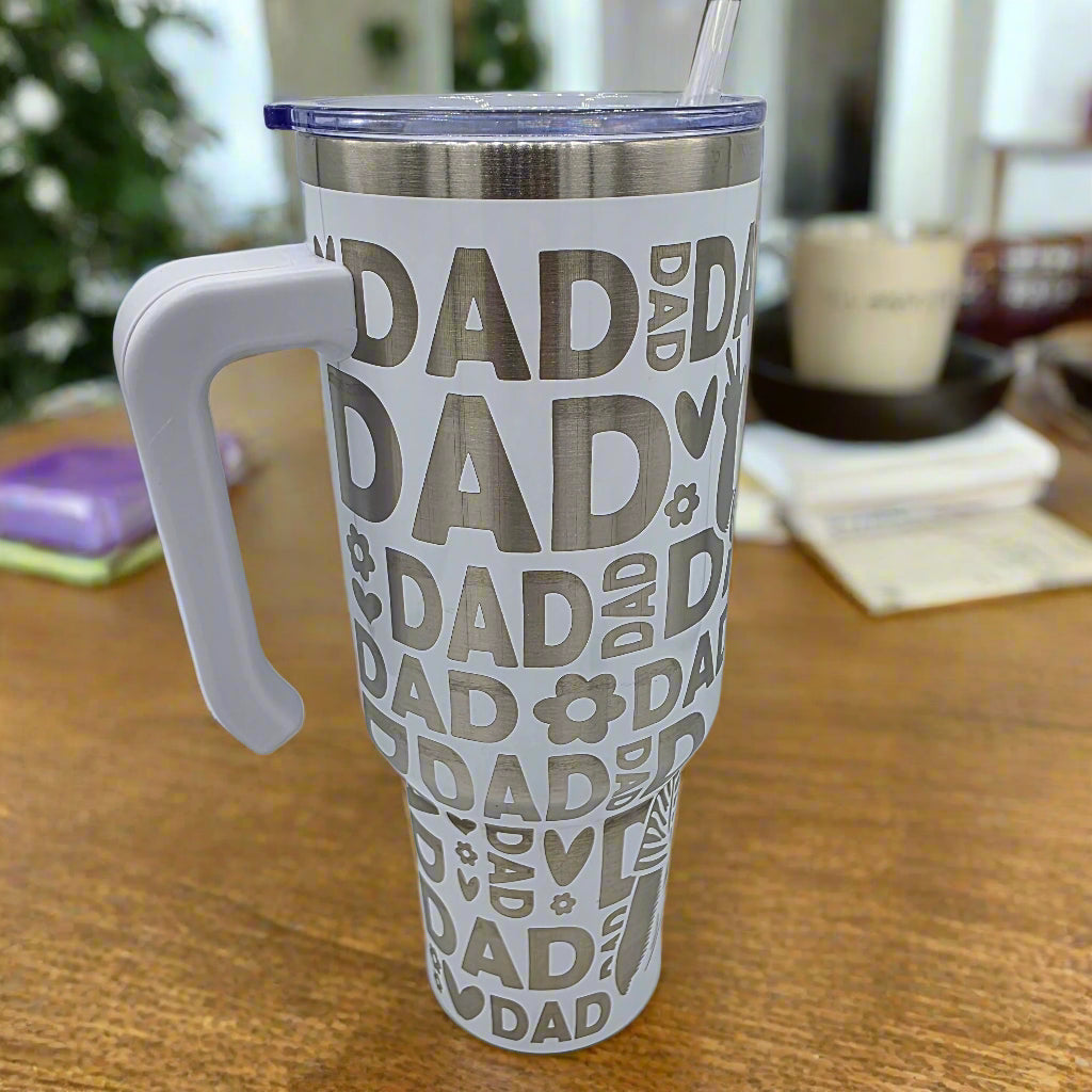 Dad Tumbler - White 40oz Laser Engraved Stainless Steel Cup with Lid and Straw - Girl on Dads Shoulders - Father Gift