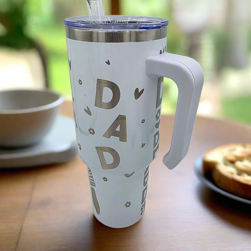 Dad Tumbler - White 40oz Laser Engraved Stainless Steel Cup with Lid and Straw - Girl on Dads Shoulders - Father Gift