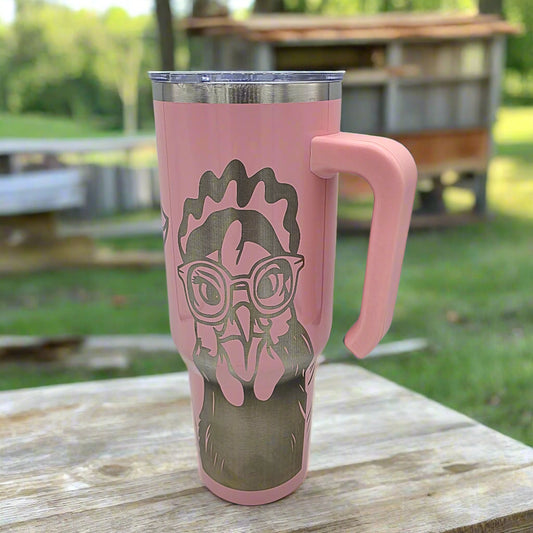 Funny Chicken Tumbler - Pink 40oz Laser Engraved Stainless Steel Cup with Lid and Straw - Farm Gift for Chicken Lovers