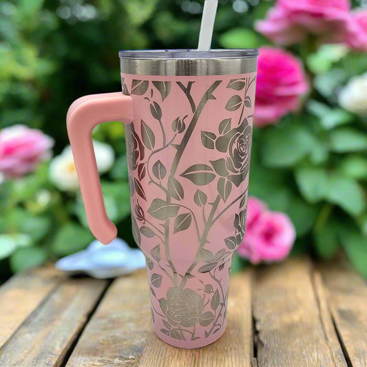 rose laser engraved tumbler with straw and closable lid